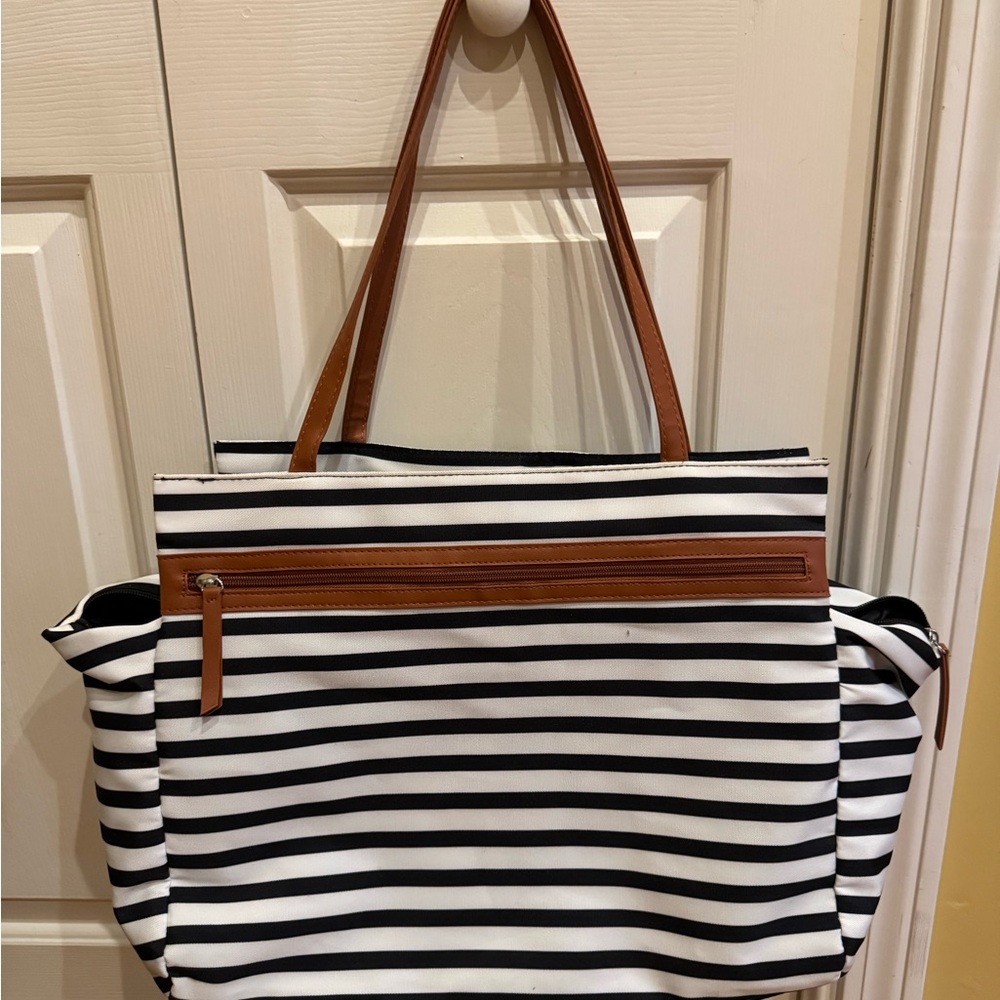DSW Black & White Striped Tote with Brown Handles